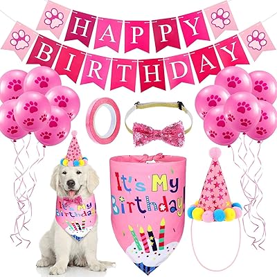 Ensemble de 17 bandanas d'anniversaire pour chien, chapeau joyeux anniversaire, bannière joyeux anniversaire, ballons pattes de chien et tourbillons suspendus (rose). Diaytar Sénégal : Achetez plus, dépensez moins