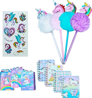 Coffret cadeau 4 pièces de stylos licorne à pompons mignons bille