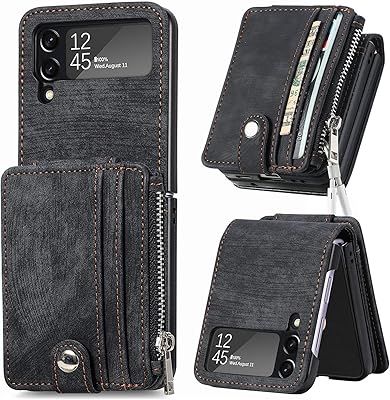 Étui portefeuille galaxy z flip 4 avec fermeture éclair amovible, porte-cartes 2 en
