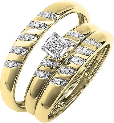 Ensemble de bagues de fiançailles triples diamants blancs ronds pour hommes et femmes