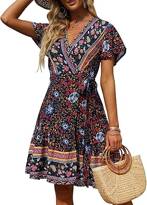Zesica femmes été wrap col en v bohème imprimé floral volants swing une ligne
