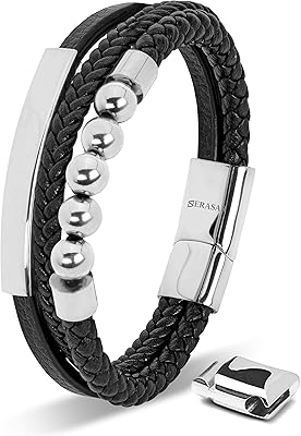 | bracelet en cuir noir genunie haut de gamme pour homme [perle] | fermoir magnétique en acier inoxydable noir, argent et or | boîte à bijoux exclusive | excellente idée cadeau. Diaytar Sénégal : Parce que chaque FCFA compte