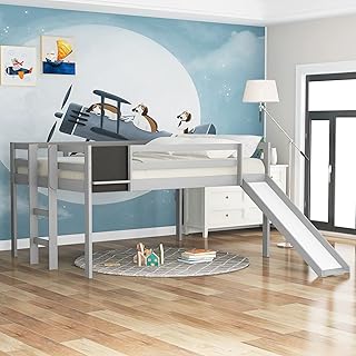 Lit mezzanine double lepfan avec toboggan, cadre de lit en bois pleine grandeur