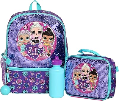 Ensemble de sac à dos lol pour filles, sac d'école brodé à paillettes