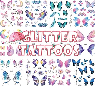 Autocollants temporaires papillon à paillettes pour filles 12 feuilles de décorations