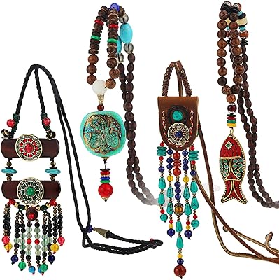 4 pièces colliers longs pour femmes, collier de perles de bois, bijoux épais