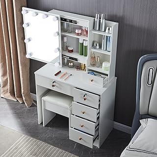 Coiffeuse de maquillage moderne konetoy avec miroir éclairé, grand ensemble cosmétique avec tiroirs