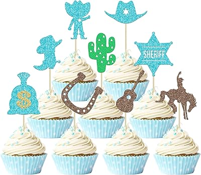 Jovis 36 pièces paillettes cheval cowboy cupcake toppers chapeaux de cowboy bottes occidentales