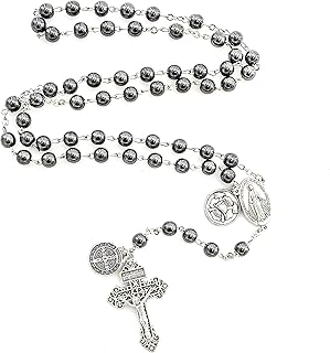 Chapelet en métal argenté hématite avec pendentif médaille de saint benoît et insignes