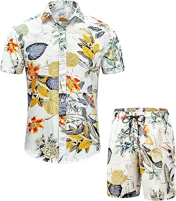 Ensemble chemise hawaïenne deux pièces boutonnée à manches courtes et short pour hommes