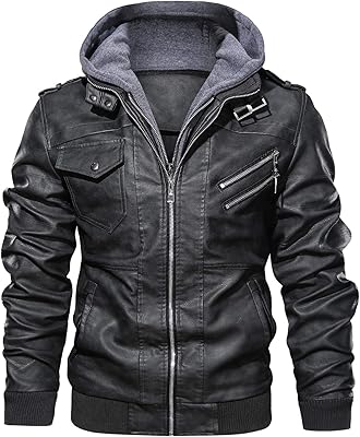 Blouson moto en simili cuir pour homme avec capuche amovible