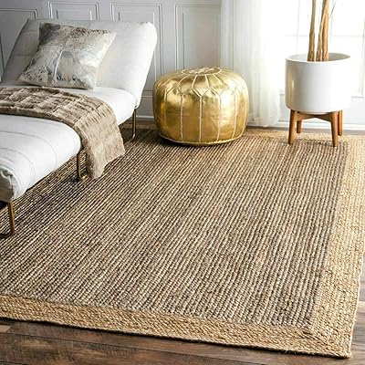 Tapis en jute gris avec bord beige, tapis de salon rectangulaire fait à