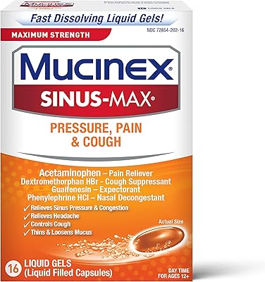 Gel liquide mucinex sinus max strength pour pression, douleur et toux, 16 pièces