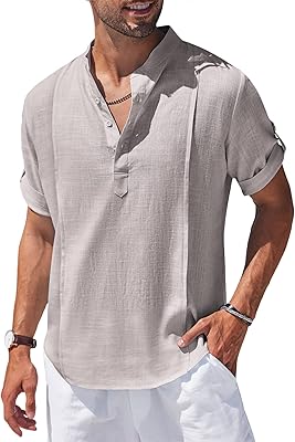 Chemises henley en lin pour hommes, manches courtes, col rayé décontracté, chemise hippie