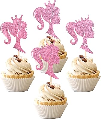 24 pièces de décorations de cupcakes princesse roses à paillettes pour fille, décorations