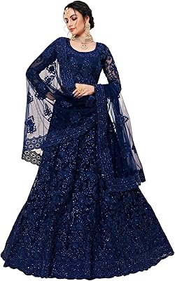 Bollyclues filet brodé lehenga choli pour femme, net lehenga choli (navy-rani_navy), taille unique