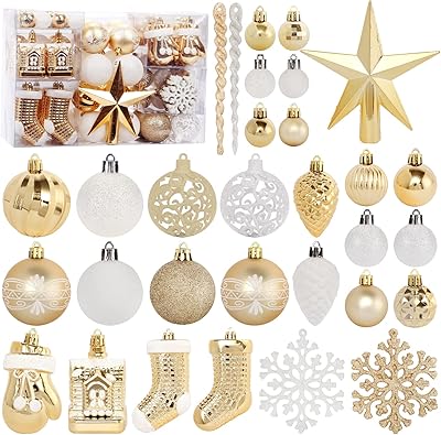 Ensemble de décorations d'arbre de noël, 132 pièces d'ornements d'arbre de noël dorés