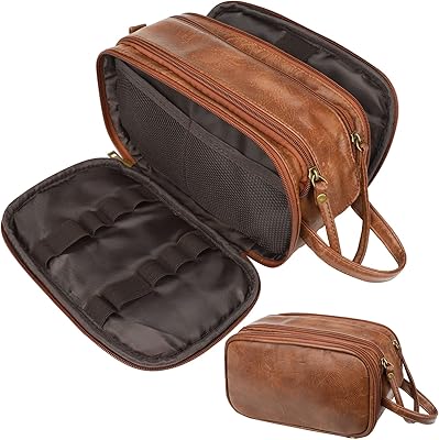 Trousse de toilette en cuir imperméable pour hommes, grande trousse de toilette de voyage, outils de rasage, organisateur de maquillage pour soins personnels (marron). Diaytar : L'excellence du service, la douceur des prix
