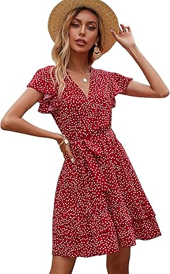 Robe d'été pour femme à pois, col en v et manches courtes à
