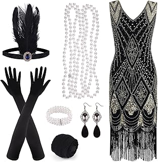 Robe à clapet à franges et sequins des années 1920 et ensemble d'accessoires