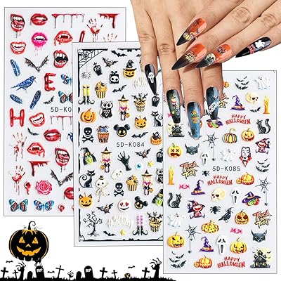 Autocollants holographiques pour nail art d'halloween en relief, crâne d'halloween, fantôme, citrouille, araignée