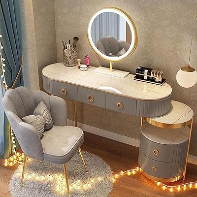 Un ensemble distinctif de coiffeuse au design moderne avec un miroir éclairé