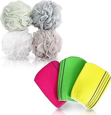 4 morceaux de luffa en maille avec 3 morceaux de gants de douche