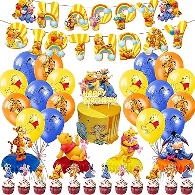 Décorations de fête d'anniversaire sur le thème winnie, comprenant une bannière joyeux anniversaire