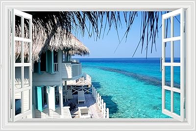 Autocollant mural 3d litchi faux fenêtre océan plage paysage de cocotiers avec villa