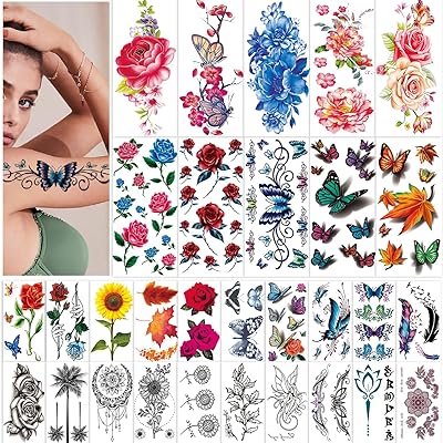 42 feuilles d'autocollants de tatouage temporaire de fleurs roses et de papillons, tatouages