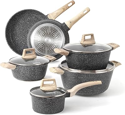 Batterie de cuisine antiadhésive en granit carot, ensemble de 10 casseroles et poêles