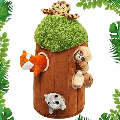 Ensemble d'animaux en peluche grinçants 6 pièces, trou d'arbre, paresseux, hibou, renard, raton