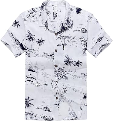 Chemise hawaïenne pour homme à motif palmier et vague, carte blanche