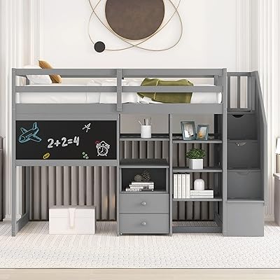 Lch lit mezzanine double avec escalier lit en bois massif avec bureau rétractable