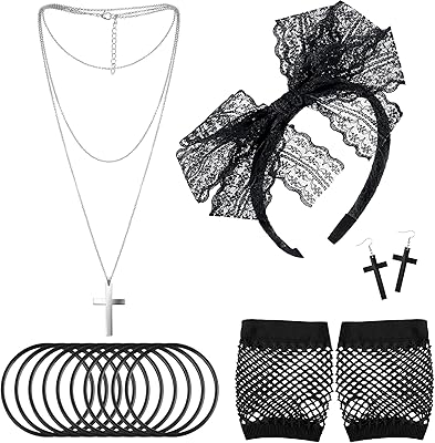 Accessoires de costumes des années 80, bandeau en dentelle, boucles d'oreilles, gants, collier