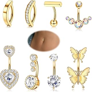 8 pièces anneaux de nombril pour femmes en acier chirurgical zircon cubique coeur