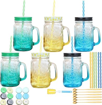 Bocaux mason colorés 6 bocaux à bouche régulière avec couvercles pailles cuillères