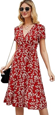 Shein robe mi-longue trapèze ample à col fleuri et manches courtes avec ceinture