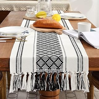 Chemin de table tissé de style bohème 34 x 183 cm noir