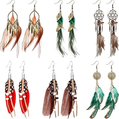 6 paires de boucles d'oreilles bohèmes en fausses plumes avec longs pompons pendants
