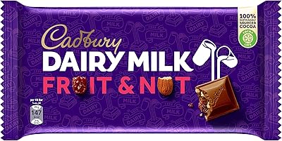 Barres de chocolat au lait cadbury dairy avec fruits et noix, 230 g