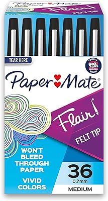 Stylos feutres paper mate flare, pointe moyenne (0,7 mm), noir, 36 pièces