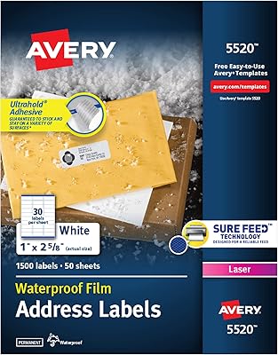 Étiquettes d'adresse imprimables imperméables avery avec alimentation sûre, 1" x 2-5/8", blanches, 1
