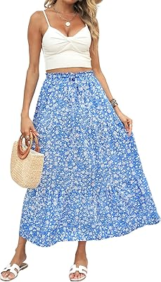 Jupe mi-longue plissée bohème taille haute à imprimé floral pour femme