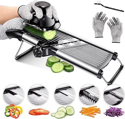 Mast home mandoline à épaisseur réglable pour fromage, fruits et légumes en acier inoxydable avec brosse supplémentaire et gants résistants aux coupures pour la cuisine. Shoppez futé, shoppez Diaytar Sénégal