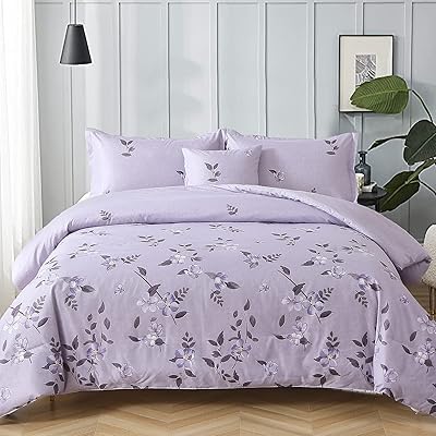 Parure de lit botanique 4 pièces violet clair, imprimé floral en microfibre douce