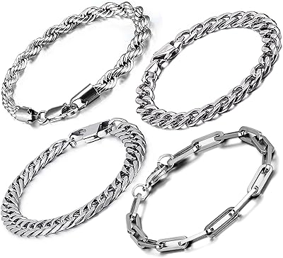 4 pièces de bracelets à maillons en acier inoxydable de couleur argent