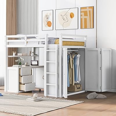 Lit mezzanine pleine grandeur mirax pour adultes, cadre en bois avec bureau