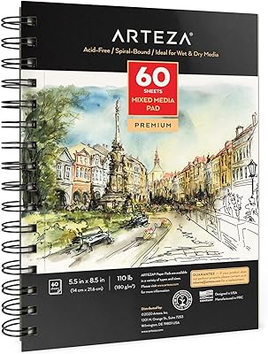 Carnet de croquis multimédia arteza, 5,5 x 8,5", 60 feuilles, 110 lb, bloc