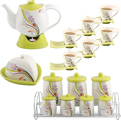 Service life smile, ensemble de luxe en porcelaine comprenant une tasse à thé et une soucoupe, une théière avec réchaud, un plateau avec support et une assiette à beurre, un design floral élégant, passe au lave-vaisselle, non toxique. Diaytar Sénégal : Le choix, la qualité, l'économie réunis